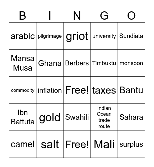 African Kingdom Bingo Card