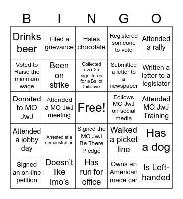 Missouri Jobs with Justice Bingo Card