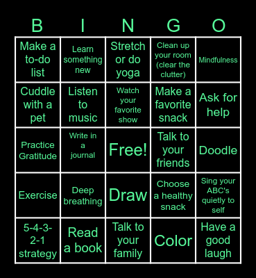 Stress Management Coping Skills Bingo Card