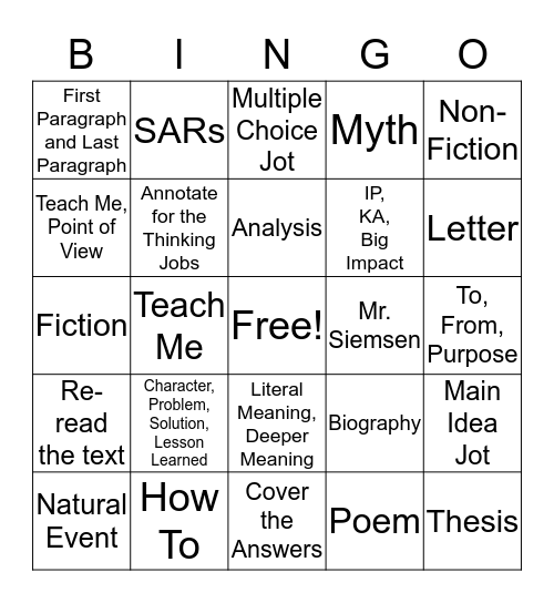 Test Prep Bingo Card