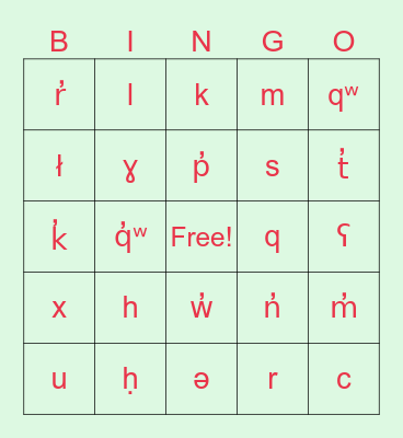 Okanagan Alphabet Bingo Card