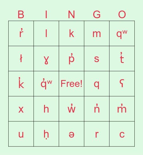 Okanagan Alphabet Bingo Card