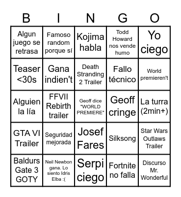 The Game Awards 2023 Bingo Card