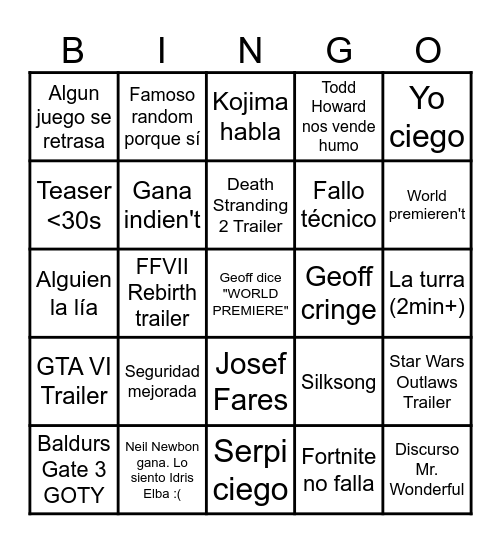 The Game Awards 2023 Bingo Card