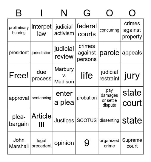 Judicial Branch & Crime and Punishment Bingo Card