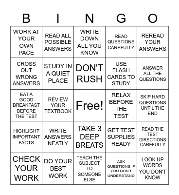 Study Skills & Test-Taking Tips Bingo Card