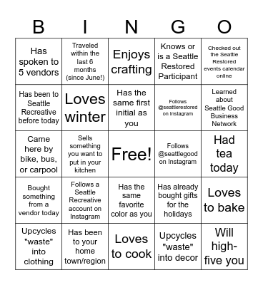Upcycled Holiday Market: Find Someone Who... Bingo Card