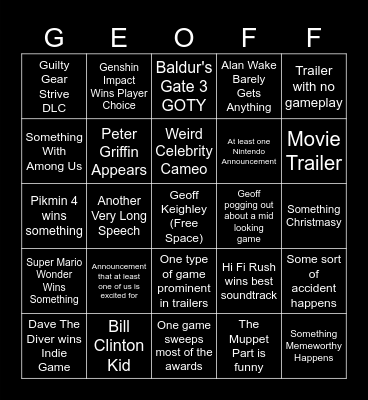Game Awards 2023 Bingo Card