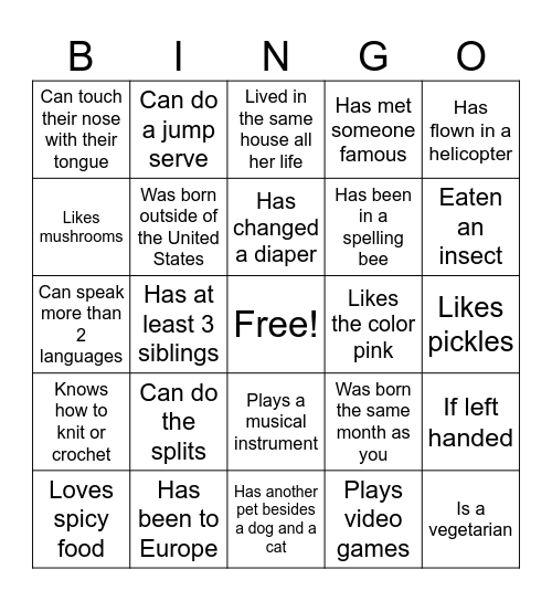 Getting To Know You BINGO (find someone who....) Bingo Card