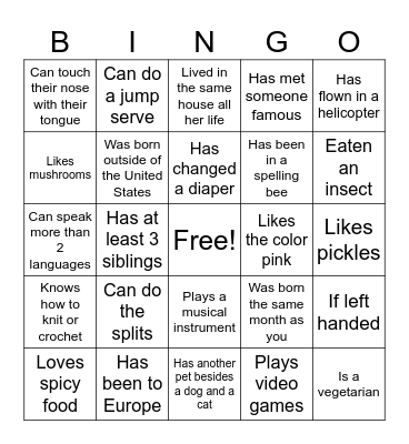 Getting To Know You BINGO (find someone who....) Bingo Card