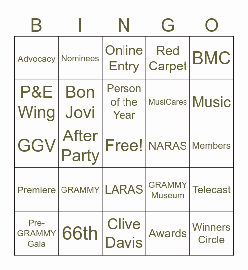 GRAMMY Bingo Card