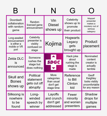 SDGC Game Awards Bingo Card