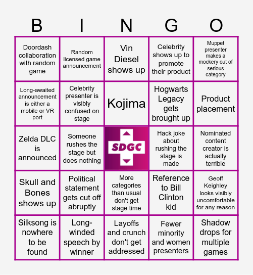 SDGC Game Awards Bingo Card