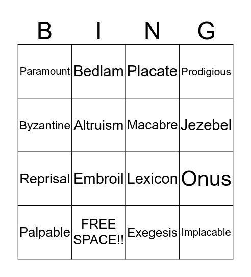 Word of the Day Bingo Card