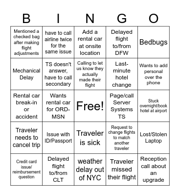 Travel Team Bingo Card