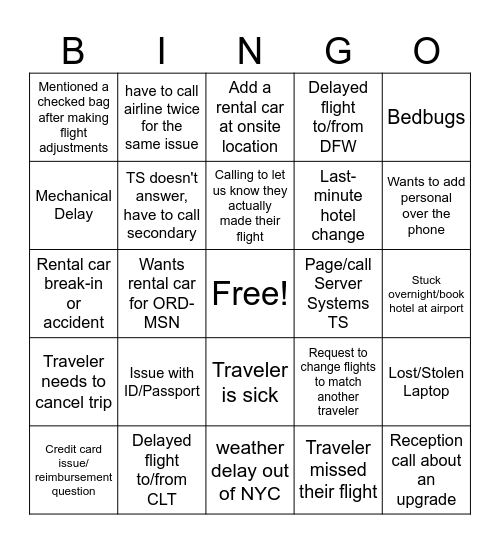 Travel Team Bingo Card