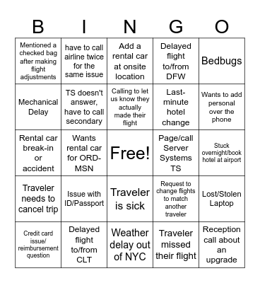 Travel Team Bingo Card