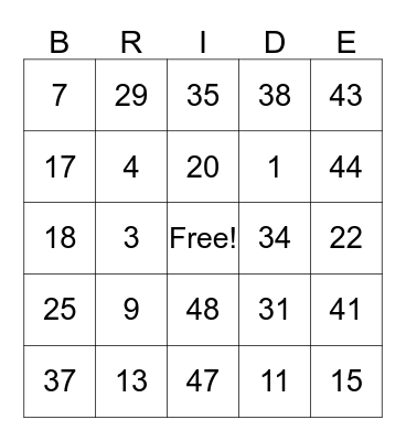 Erin's Bridal Bingo Card