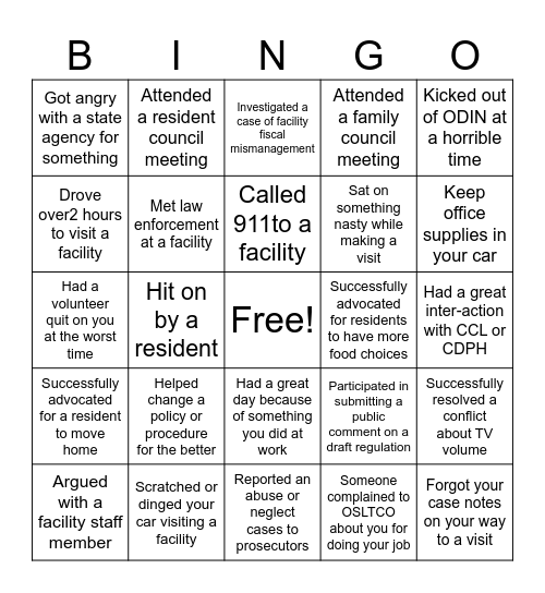 CA LTC Ombudsman Bingo Card