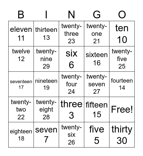 Numbers Bingo Card