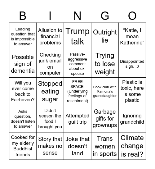 Grandparent bingo Card