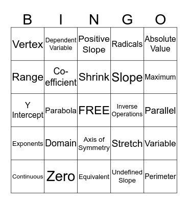 Algebra Vocabulary Bingo Card