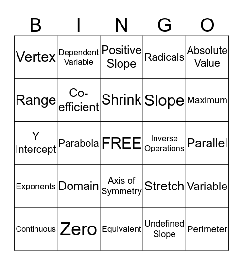 Algebra Vocabulary Bingo Card