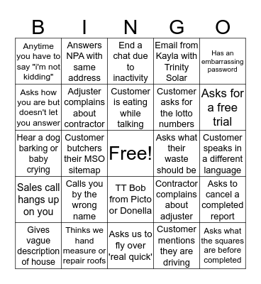 Customer Service BINGO Card