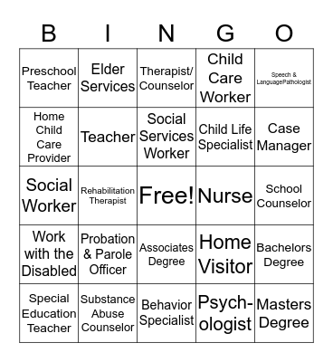 HUMAN SERVICES CAREERS  Bingo Card