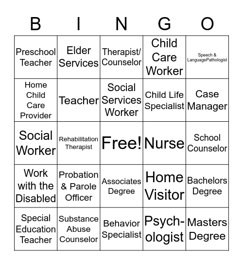 HUMAN SERVICES CAREERS  Bingo Card