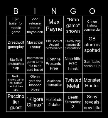 The Game Awards 2023 Bingo Card