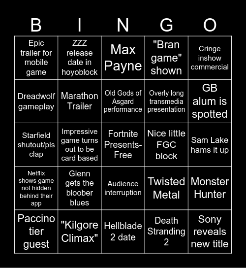 The Game Awards 2023 Bingo Card