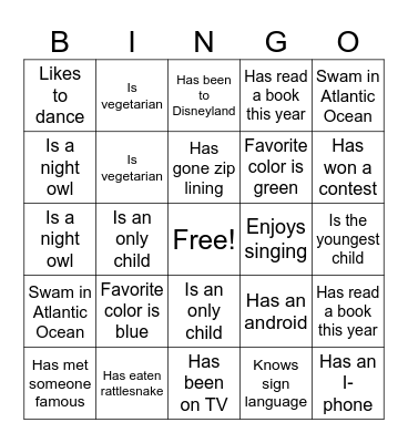 Get To Know You BINGO Card