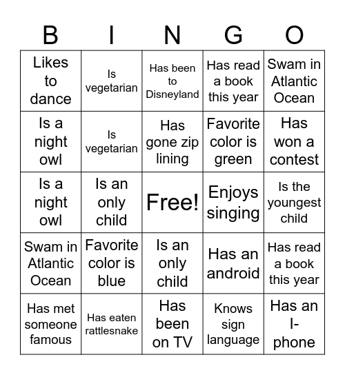 Get To Know You BINGO Card