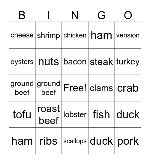 Week # 12 Types of Protein Bingo Card