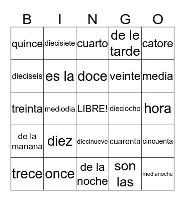 spanish Bingo Card