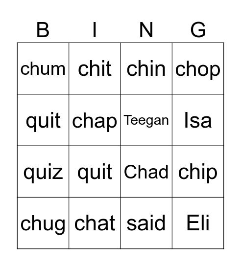 CH words Bingo Card