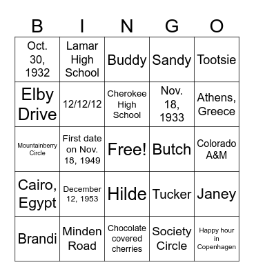 Paul and Jane's 70th Anniversary Bingo Card
