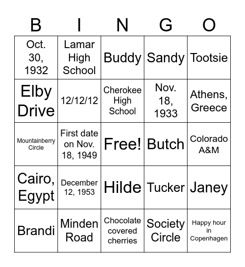 Paul and Jane's 70th Anniversary Bingo Card