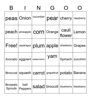 Week #12 Fruit and Vegetables Bingo Card