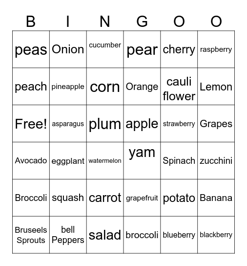 Week #12 Fruit and Vegetables Bingo Card