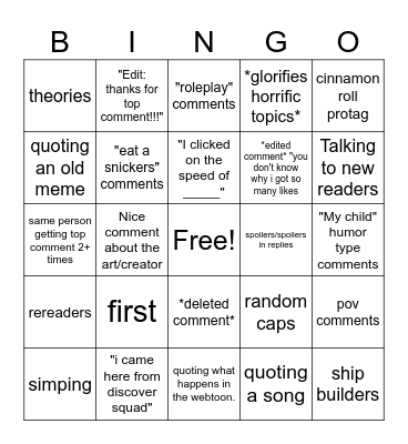 webtoon comments Bingo Card