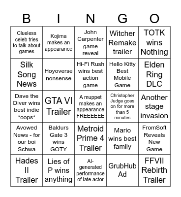 The Game Awards 2023 Bingo Card