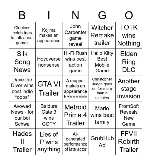 The Game Awards 2023 Bingo Card