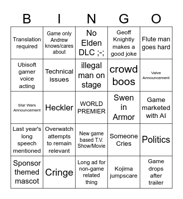 Game Awards 2023 Bingo Card