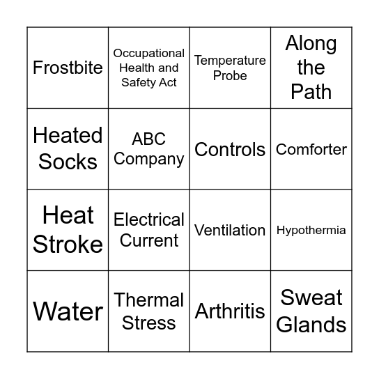 Thermal Stress Bingo Card