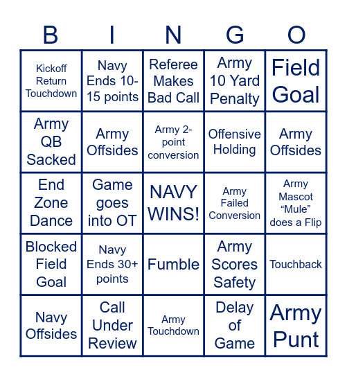 Army vs. Navy MWR BINGO! Bingo Card