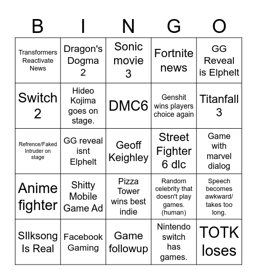 Game Awards 202pee Bingo Card