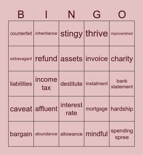 Money Bingo Card