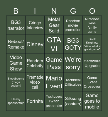 Game Awards Bingo Card